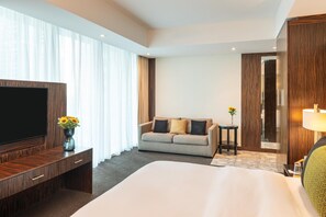 Une chambre d’hôtel avec un lit, une télévision, un canapé, une petite table et un miroir.