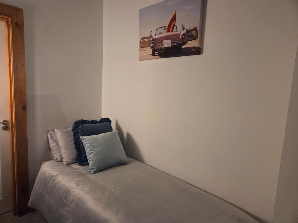 A single bed with a grey sheet and pillows, a wooden door, and a wall-mounted picture of a vintage car.