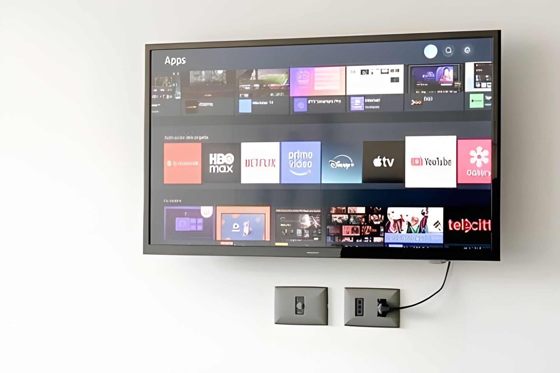 Ein an der Wand befestigter Flachbildfernseher zeigt verschiedene Streaming-Dienste an.