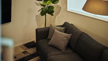 Un sofá de color oscuro con dos cojines, una planta en maceta y una lámpara sobre un suelo de madera.