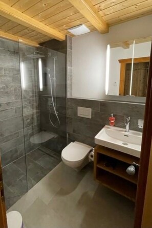 Ein modernes Badezimmer mit Duschkabine aus Glas, Toilette und Waschbecken mit Spiegel darüber.