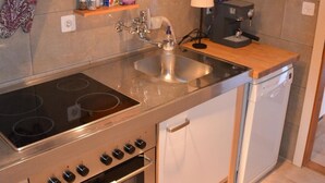 A compact kitchen with a stove, sink, and dishwasher. - Acla Sporz Davains Appartement/Fewo, Dusche, WC, Wohn-/Schlafraum by Interhome (Lenzerheide)