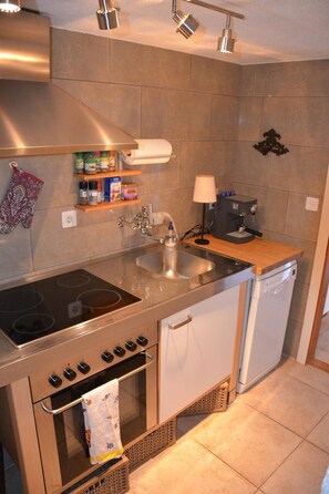 A compact kitchen with a stove, sink, and dishwasher. - Acla Sporz Davains Appartement/Fewo, Dusche, WC, Wohn-/Schlafraum by Interhome (Lenzerheide)
