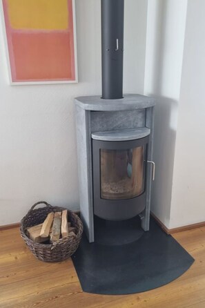A wood-burning stove with a glass door, a basket of firewood, and a mat on the floor. - Clavo Vigl Appartement/Fewo Clavo Vigl by Interhome (Vaz)