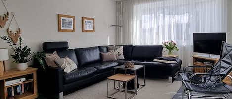 A modern living room with a black leather sofa, a coffee table, a bookshelf, a floor lamp, and a TV.