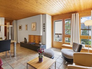 A modern living room with a fireplace, seating area, and large windows. - Schweizerhof 424 Walker Appartement/Fewo,   2.5 Zimmerwohnung by Interhome (Lenzerheide)