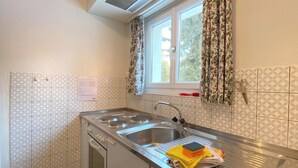 A kitchen with a stainless steel sink, a stove, and a window with floral curtains. - Haus Montana 3/4 Appartement/Fewo,   7-Bettwohnung by Interhome (Lenzerheide)