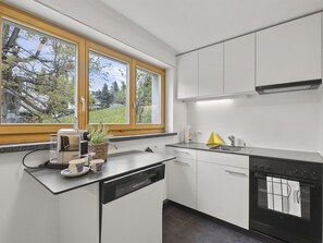 A modern kitchen with a dishwasher, stove, and a window with a view of trees. - Bellavista 6 Appartement/Fewo, Bad, WC, 3 Schlafräume Ferienwohnung Bellavista 6 by Interhome (Parpan)