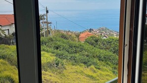 Blick aus dem Fenster auf eine Küstenlandschaft mit Gebäuden und viel Grün.