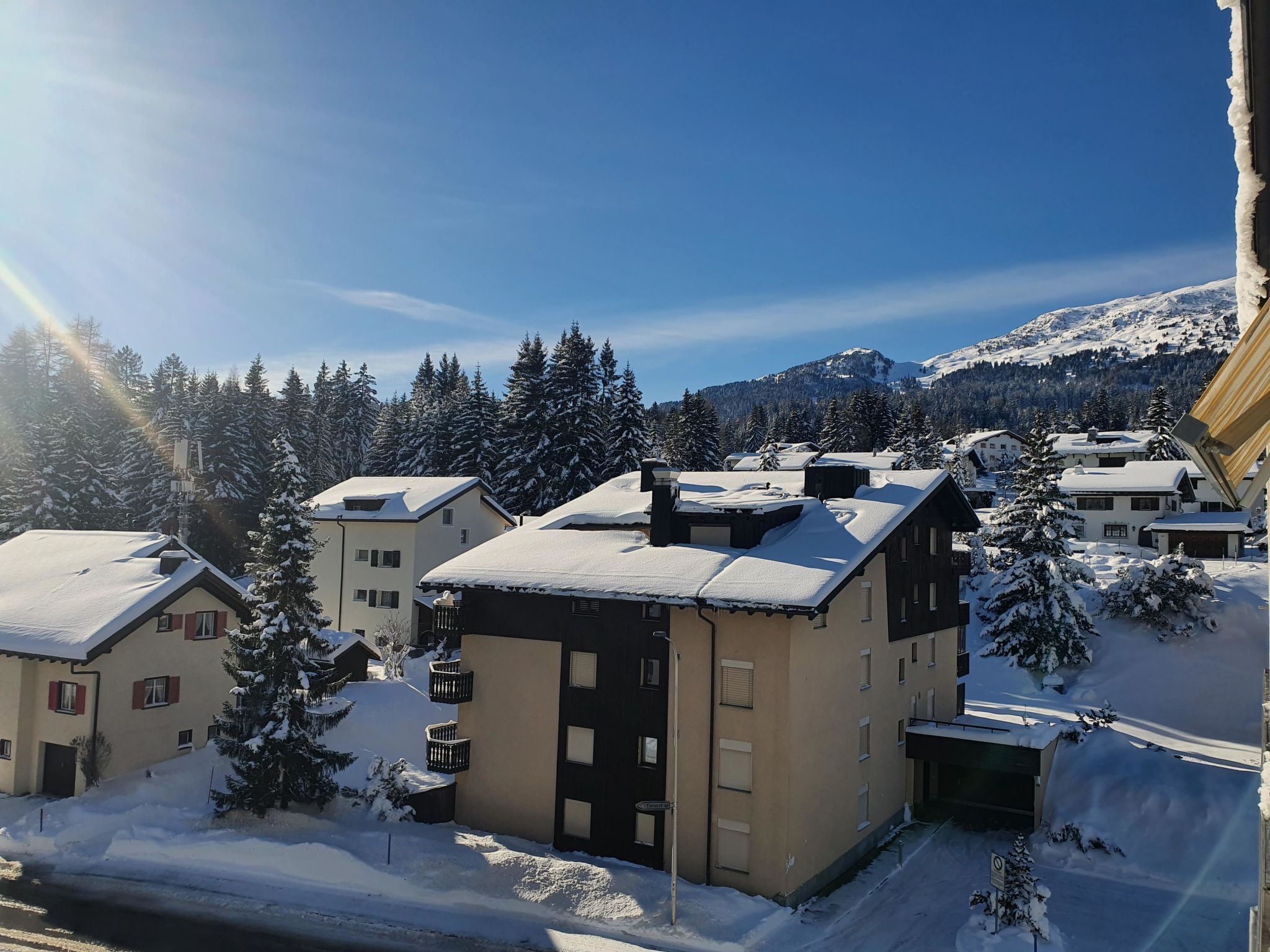 A residential area with snow-covered houses and trees, a clear sky, and a mountain in the background.