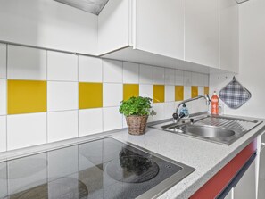 A modern kitchen with white cabinets, a stainless steel sink, a built-in stove, and a potted plant. - Seeli Appartement/Fewo,   Ferienwohnung Seeli by Interhome (Churwalden)