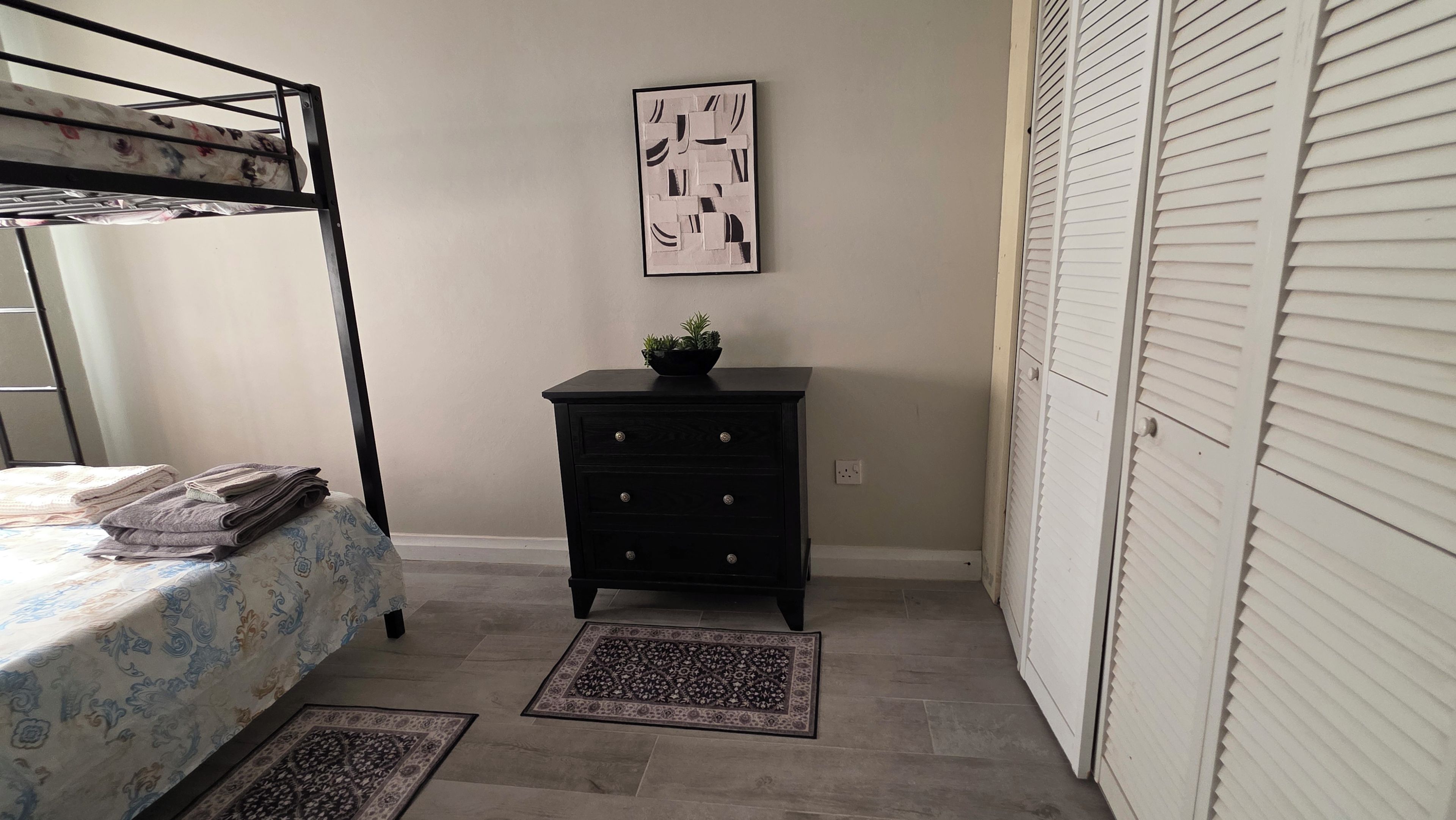 A bedroom with a bunk bed, a dresser, a rug, and a wall-mounted artwork.