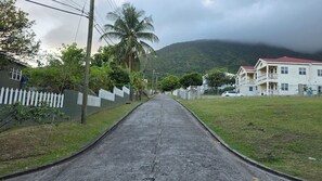 Una calle con cerca de piquetes blancos, una palmera y un edificio con techo rojo.