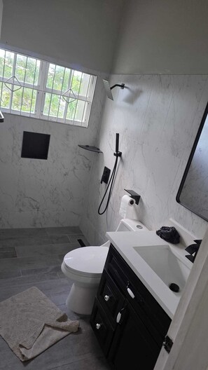 Un baño con inodoro, ducha, lavabo, toalla y ventana.