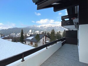 Un balcón con vistas a montañas nevadas y casas.