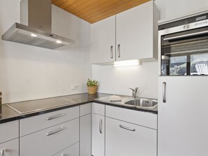 A modern kitchen with white cabinets, a stainless steel sink, and a built-in oven. - Riedblick Appartement/Fewo,   Ferienwohnung Riedblick by Interhome (Churwalden)