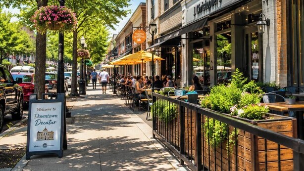 Un café avec terrasse, une enseigne et une façade en briques.