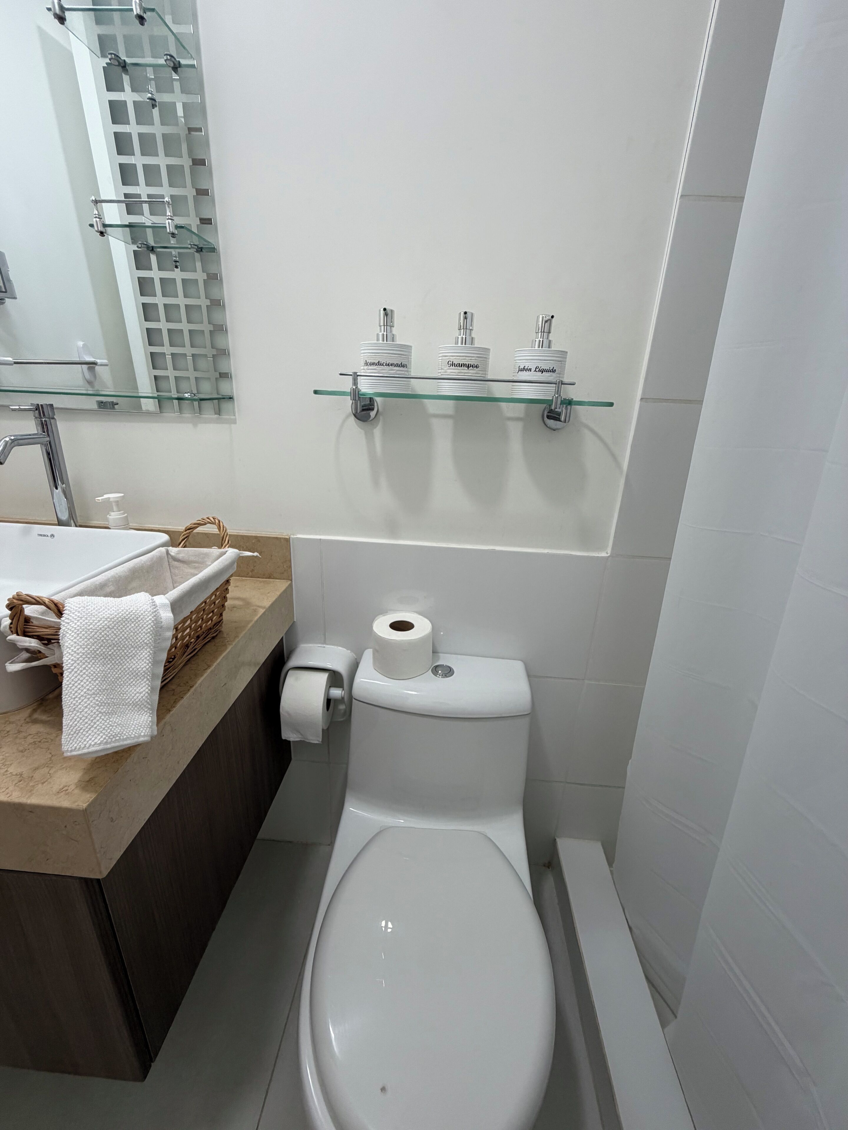 Hair dryer, towels, soap, shampoo