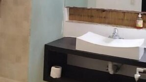 Een moderne badkamer met een douche, wastafel en spiegel.