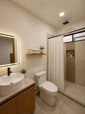 Hair dryer, towels, soap, toilet paper