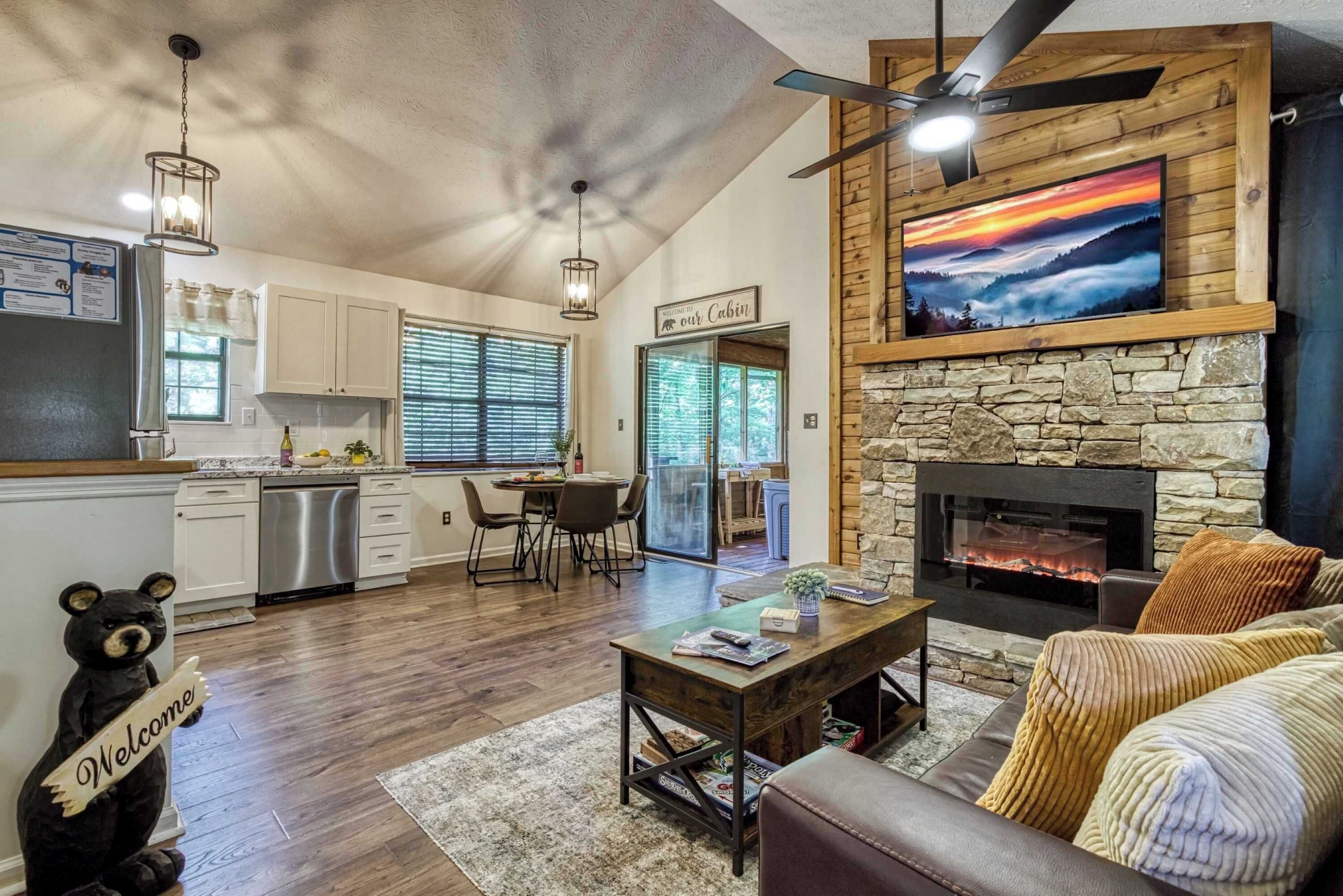 TV, fireplace, offices