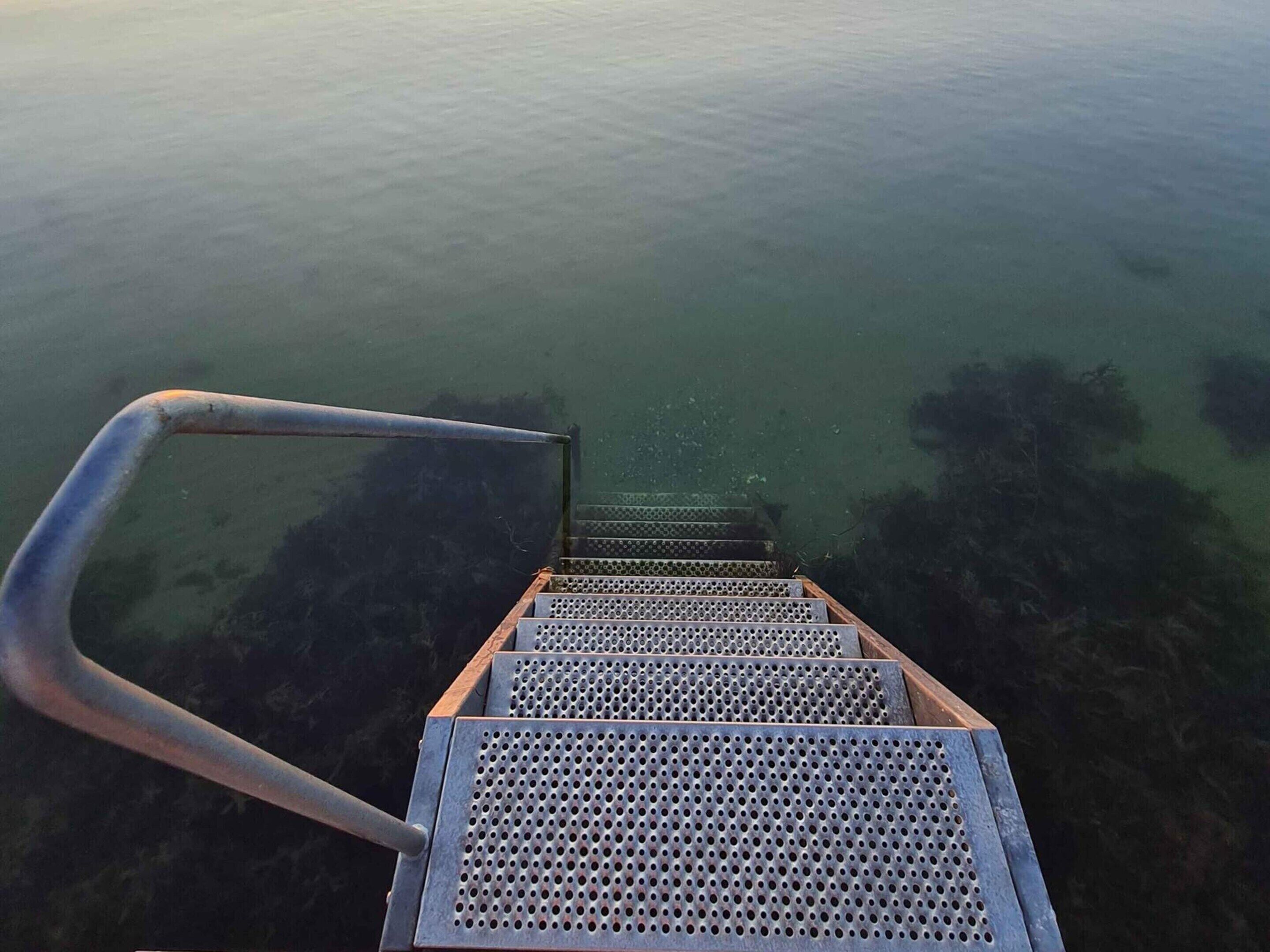 A metal staircase leading into clear water, with a metal handrail on the left.