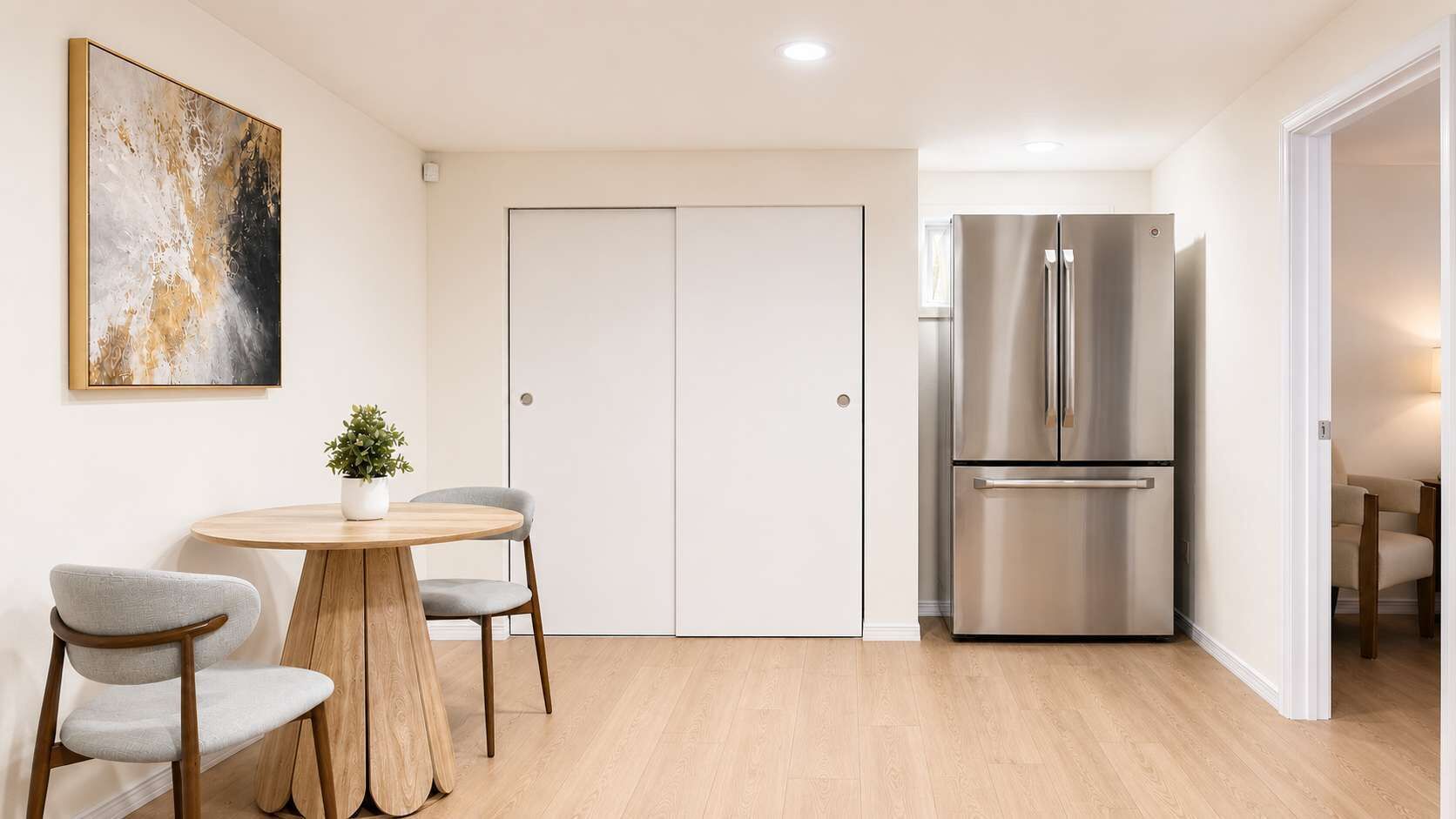 A modern kitchen with a double-door refrigerator, a round wooden table with two chairs, and a potted plant.