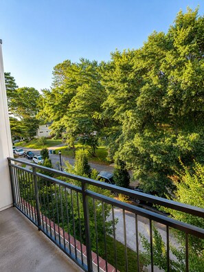 Een balkon met uitzicht op een woonstraat, bomen en geparkeerde auto's.