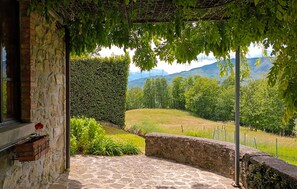 A stone-paved patio with a view of a green landscape and mountains. - Lovely home in Villa Collemandina (Villa Collemandina)