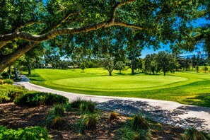A golf course with a well-maintained green, a winding path, and mature trees providing shade.