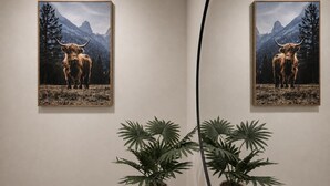 Due immagini incorniciate raffiguranti uno yak, una pianta in vaso e un termosifone.