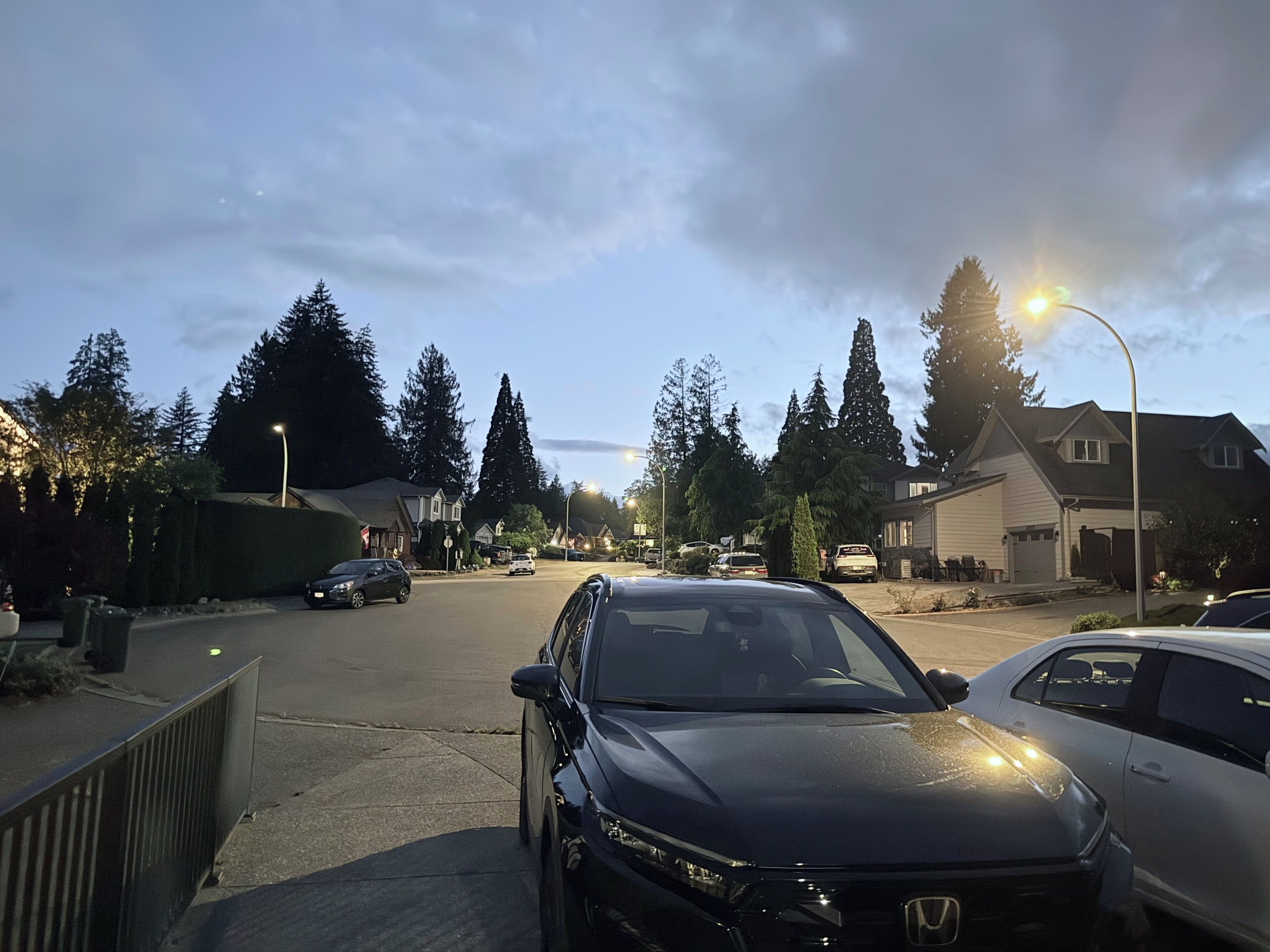 A residential street with parked cars, houses, and trees.