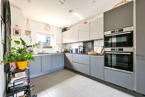 Eine moderne Küche mit grauen Schränken, einem Bosch-Ofen und einem Blumentopf.