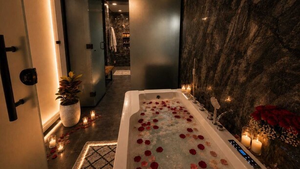 A modern bathroom with a large bathtub, marble walls, and a visible shower area. - Luxurious 3-bedroom resort in Haridwar with Private pool, steam and jacuzzi (Haridwar)