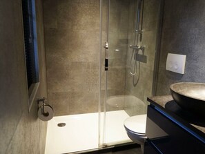A modern bathroom with a glass shower enclosure, a toilet, and a sink with a large basin. - Holiday Home in Beekbergen With Terrace (Beekbergen)