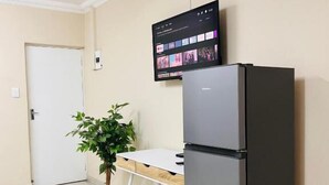 Une cuisine équipée d’un réfrigérateur, d’un téléviseur à écran plat fixé au-dessus, d’une plante en pot et d’une porte visible au fond.