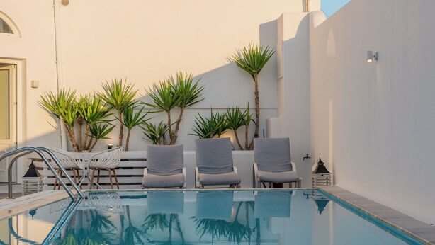 Un espace piscine doté d’une piscine à eau claire, de chaises longues et de palmiers.
