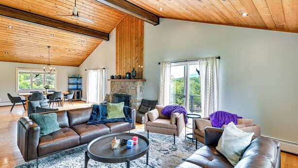 A spacious living room with a fireplace, leather sofas, a coffee table, and a dining area with a table and chairs. - 3 Acres, Mtn Views, Hot Tub, Steps to Winery (Richmond)