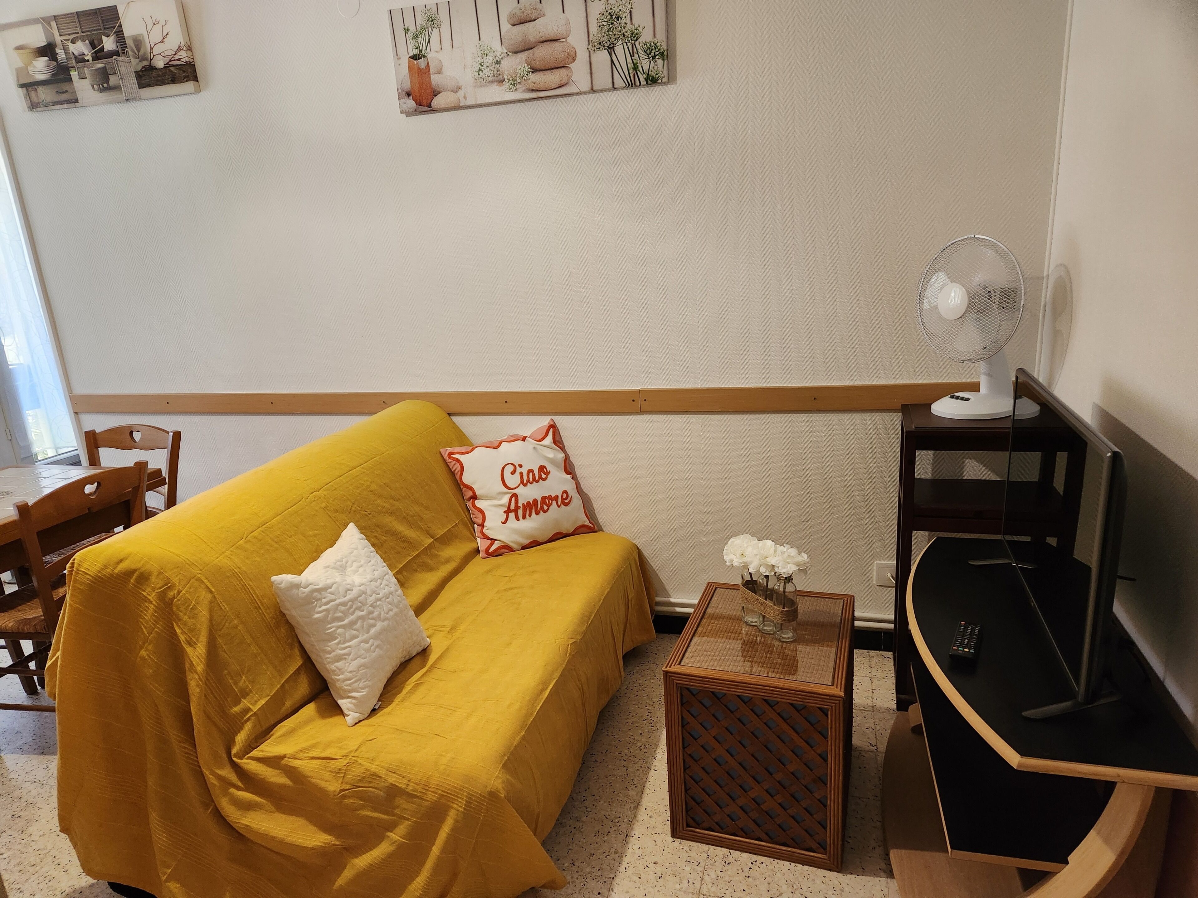 Un canapé jaune avec un coussin blanc, une petite table d’appoint en bois sur laquelle est posé un vase de fleurs, un ventilateur sur pied et un téléviseur posé sur un meuble en bois.