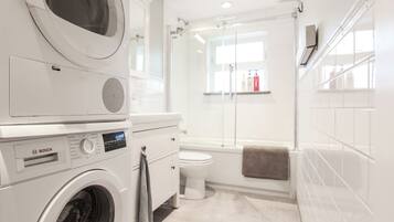 Hair dryer, towels, soap, toilet paper