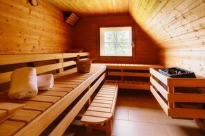 Eine Holzsauna mit Bänken, einem Fenster und einer Saunaheizung.