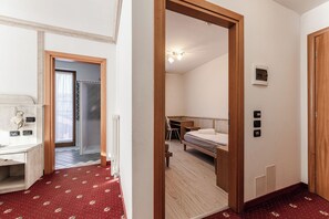 A room with a bed, a desk, and a shower area.