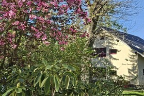 Ein Gebäude mit der Aufschrift 'Haus Emma', umgeben von üppigem Grün und blühenden Bäumen.