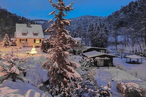 Schneebedeckte Landschaft mit einem Haus, einer Holzhütte und einem mit Schnee bedeckten Baum.