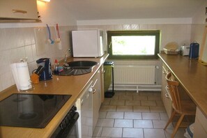 A compact kitchen with a stove, sink, and window. - at the Harnisch holiday farm (Westerholz)
