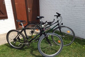 A bicycle parked on grass in front of a building with a white brick wall and a brown door.