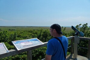 A person standing at a viewing platform with a telescope, overlooking a landscape with a signboard. - Holiday apartment with 1 bedroom (Borkum)