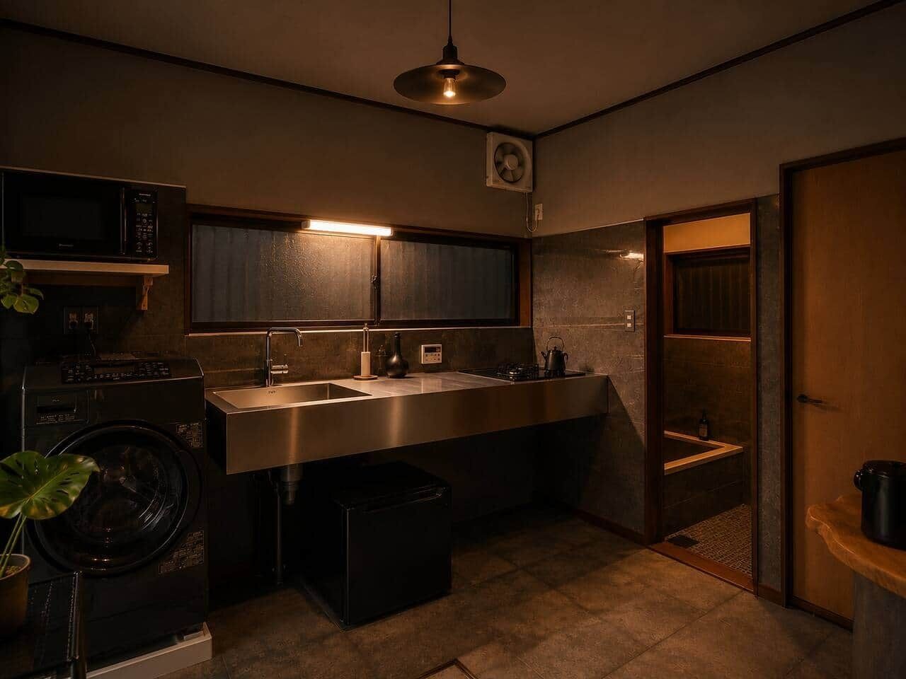 A compact kitchen with a microwave, sink, and a small window.