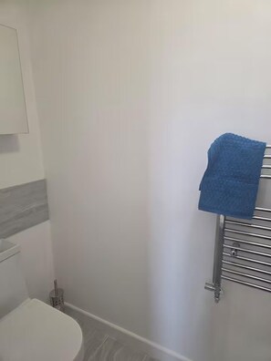 Un baño con inodoro, toallero y una toalla azul, además de un espejo.