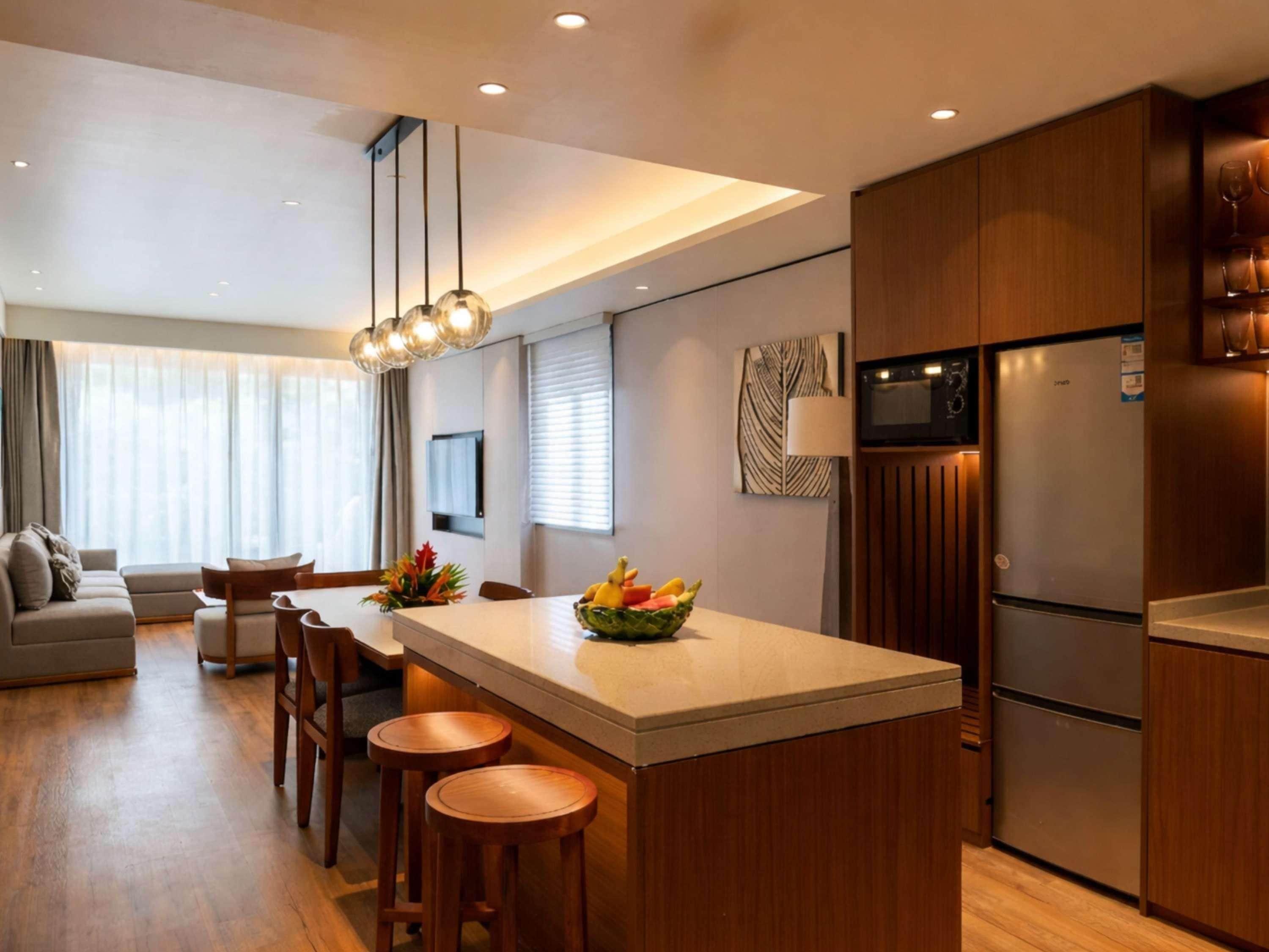 A modern kitchen with a central island, wooden bar stools, a built-in microwave, and a refrigerator.